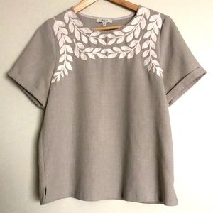 Madewell White Leaf Embroidered Gray Top Size M